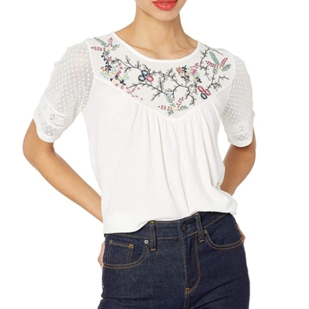 Lucky Brand Embroidered Yoke Peasant Top Small